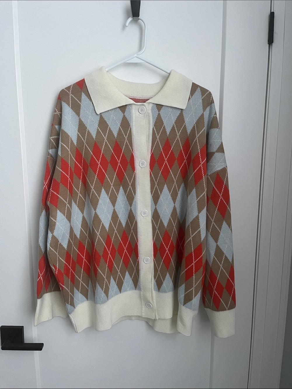 Women's Argyle Button-Front Cardigan Sweater - Cream, Brown,Orange, Light Blue